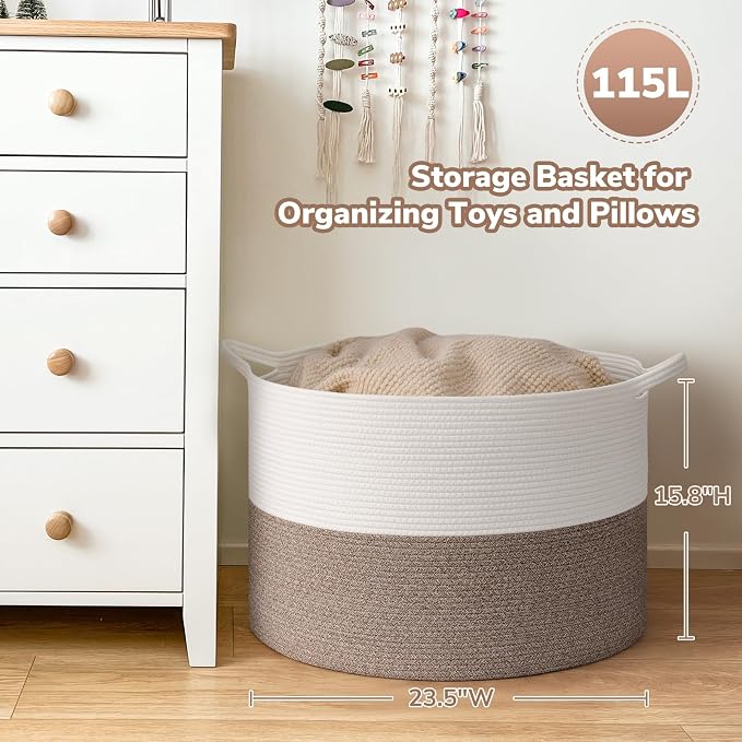 Goodpick Extra Large Woven Blanket Basket Living Room & Playroom, 115L | 23.5 x 23.5 x 15.8 In Storage Basket for Toys Shoes, Cute Baby Laundry Hamper for Towels, Clothes, Mele