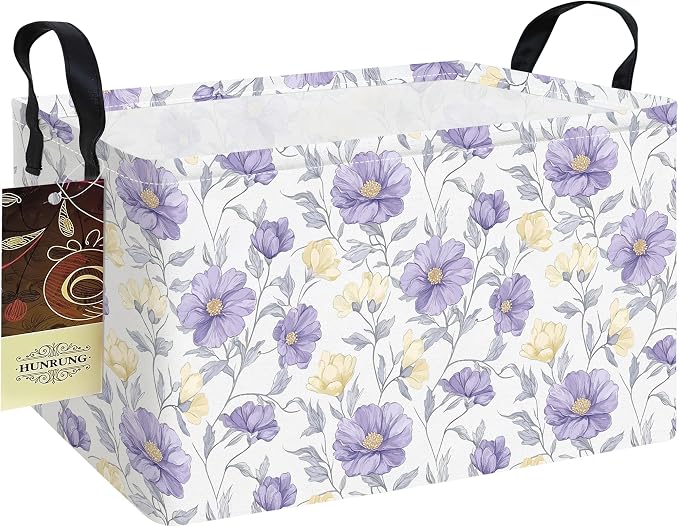 Rectangle Foldable Storage Basket Handles For Home, Purple Flowers | Waterproof canvas material, reinforced handles, perfect for shelf use, organizes clothes, daily items and pet supplies