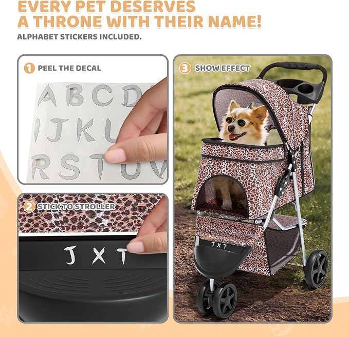 Magshion 3-Wheel Pet Stroller for Small/Medium Dogs & Cats, Up to 33lbs | Foldable Travel Jogger w/ Breathable Mesh Cover, Lightweight Design, Safety Tethers, Cup Holder & Storage Basket
