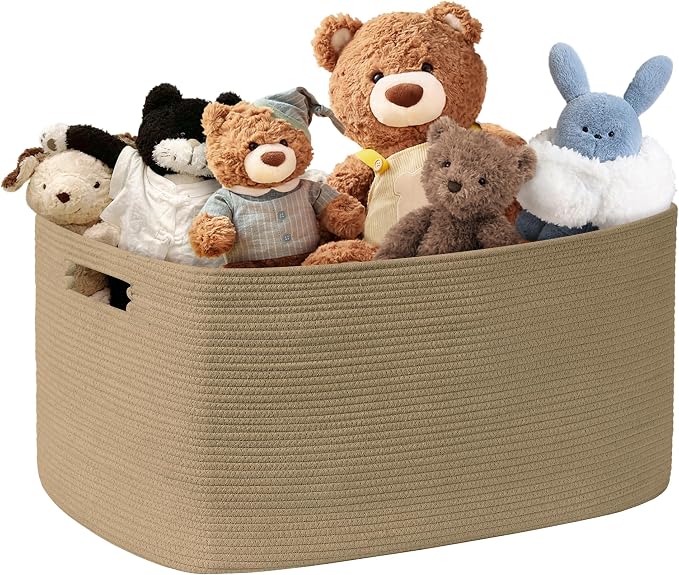 60L Woven Laundry Basket Hamper with Handles, Jute | collapsible wicker hamper, storage for dirty clothes, toys, blankets, gifts, living room, bedroom, bathroom, 21"x15"x11"