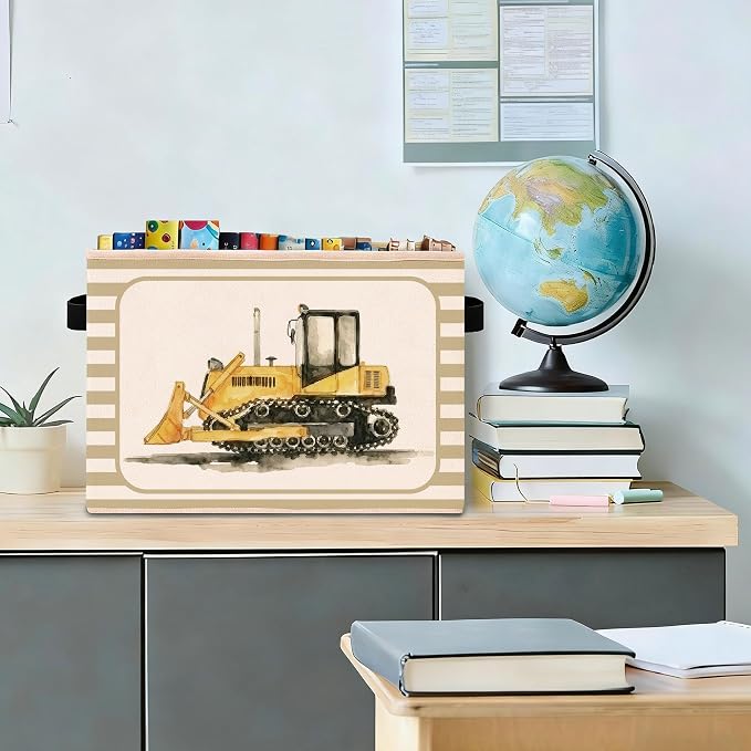 Bulldozer Storage Bin, Construction Truck Beige Stripe Fabric Basket | Foldable construction truck fabric organizer for nursery, bedroom, playroom, toys, books, and clothes