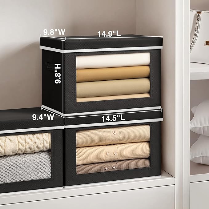 Storage Boxes with Lids, Collapsible Storage Bins with Handles, Closet Storage Baskets with Window, Fabric Storage Containers for Organizing Clothes, Towels, Books, 3 Packs, Black