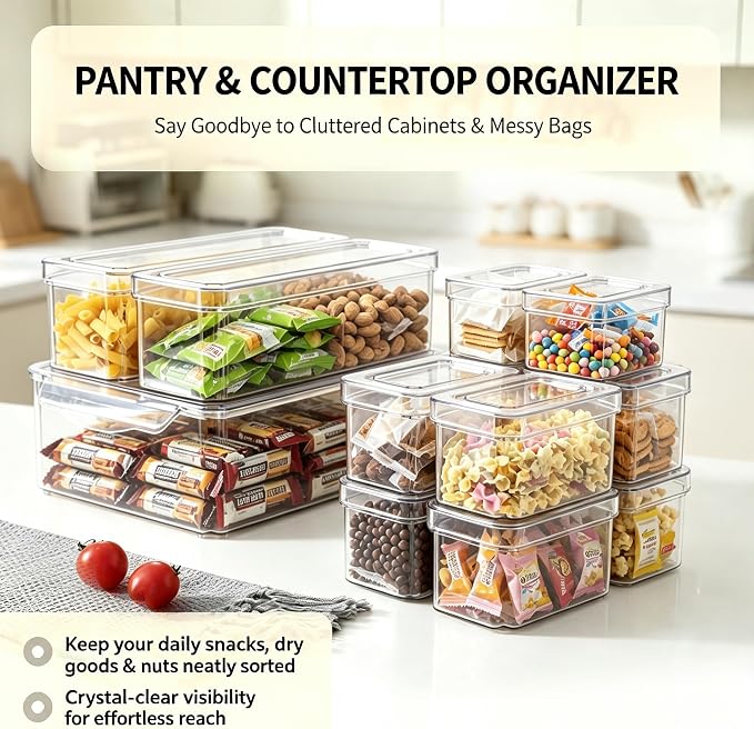 KUMD 10 Pack Food Storage Organizer Bins, Clear Stackable Containers | Organizer bins with lids for food packets, snacks, spice pouches, tea & dry goods. Fits pantry, kitchen cabinet & countertop