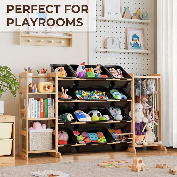 Toy Storage Organizer with Bookshelf and Stuffed Animal Storage - Kids Playroom Organization with Shelves and 12 Toy Bins - Toddler Living Room Toy Box for Lego - Nursery Bedroom Decor Essential