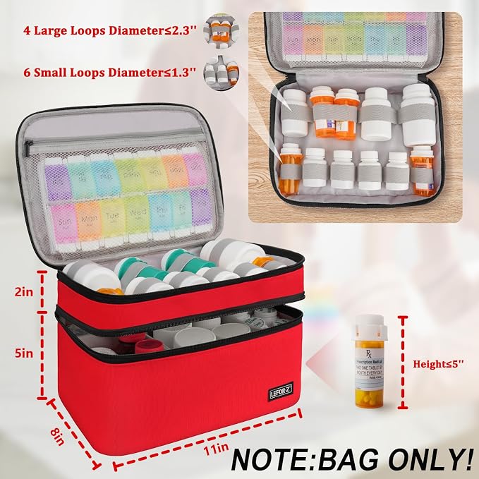 LEFOR·Z Medicine Storage Bag,Double Layers Pill Bottle Organizer Bag Empty | Medical Supplies Bag with Lockable Zipper & Adjustable Divider,Medication Travel Carrying Bag for Pills,Vitamins,Red