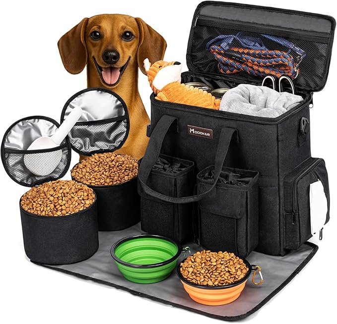 Dog Travel Bag, Airline Approved Pet Carrier for Cats and Dogs | Dog travel accessories set with feeding supplies, bowls, mat, and strap. Ideal for weekend trips.
