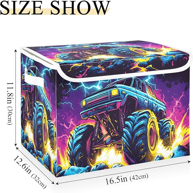 Storage Bins with Lid Monster Truck Foldable Storage Boxes 40L Baskets | Decorative Storage Boxes, 300D Oxford Cloth, Hollow Board Frame, Flip Top Velcro Lid, 16.5x12.6x11.8 inch, Collapsible Design