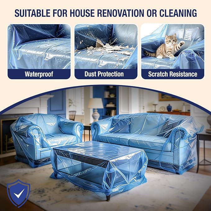 Extra Large Sofa Moving Cover for Storage Transportation | Sofa Couch Clear Plastic Moving Cover with Labels, Waterproof and Dust Proof, Bag Open Size 92x 62 x 42 Inch, Blue