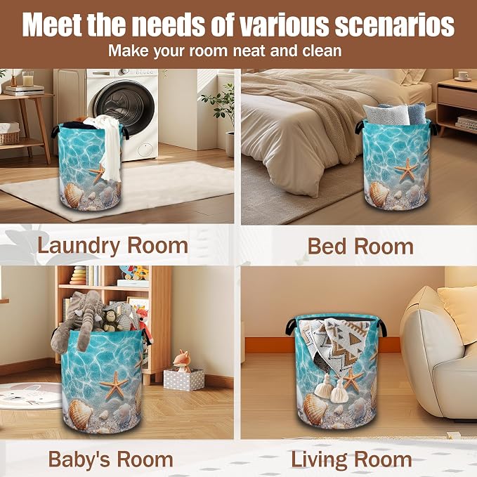 Laundry Hamper,Starfish and Seashell on Beach Collapsible Laundry Baskets Waterproof Oxford Cloth With Handles,Clothes Storage Bucket Toy Organizer For Bathroom/Nursery/Bedroom 16" x 20.8"