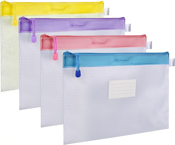 Wisdompro Zipper Pouch, 4 Pack Waterproof Mesh File Bag, Document Organizer | 13.3x9.8", Letter Size Mesh Bag with Outer Label Pocket, Durable, Perfect for Office, School & Home, Blue/Purple/Yellow/Pink