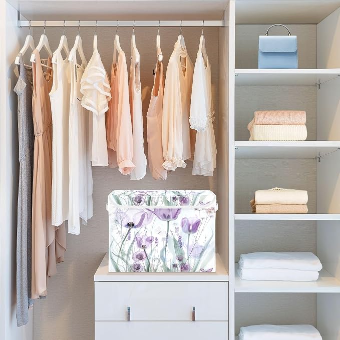 senya Baskets Collapsible Storage Bins with Lids, Purple Tulips Flowers Pastel Storage Boxes Clothes Baskets for Organizing, B06D22020