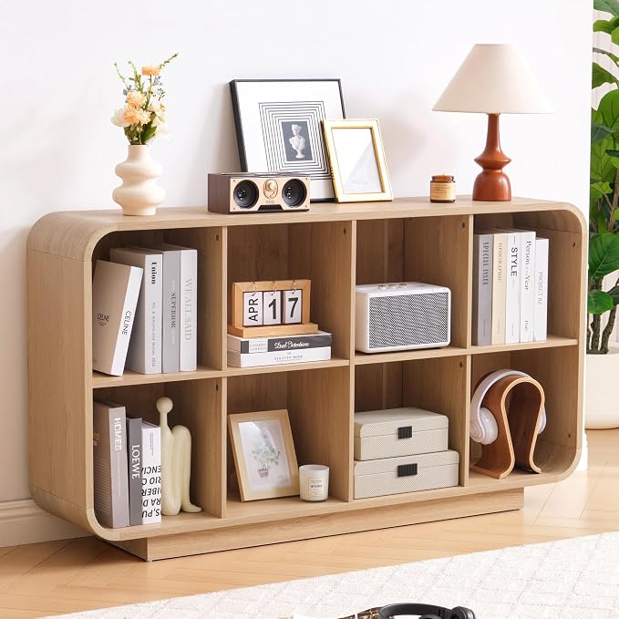 Cube Storage Organizer with Base, 8 Cube 2-Tier Bookcase, Wooden Floor Standing Storage Shelf with Rounded Corners, Anti-Tip Kit, Low Lattice Organizer for Home Office Living Room, Natural