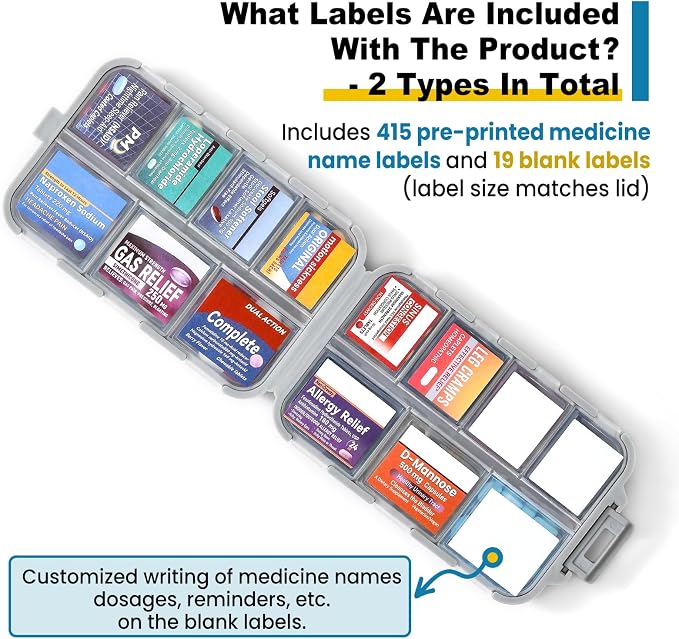 14 Grids Travel Pill Organizer Box with 415-Pcs Medicine Name Labels - Pocket Daily Pharmacy Case Container - Travel Medication Holder Dispenser Kit for Fish Oil Vitamin Supplement Storage - Grey