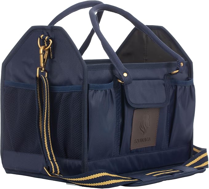 Equinavia Darby Large Collapsible Grooming Tote Bag for Horses, Dogs, Cats | Organizer with Shoulder Strap | 9" x 13" x 12" - Navy/Gold - One Size