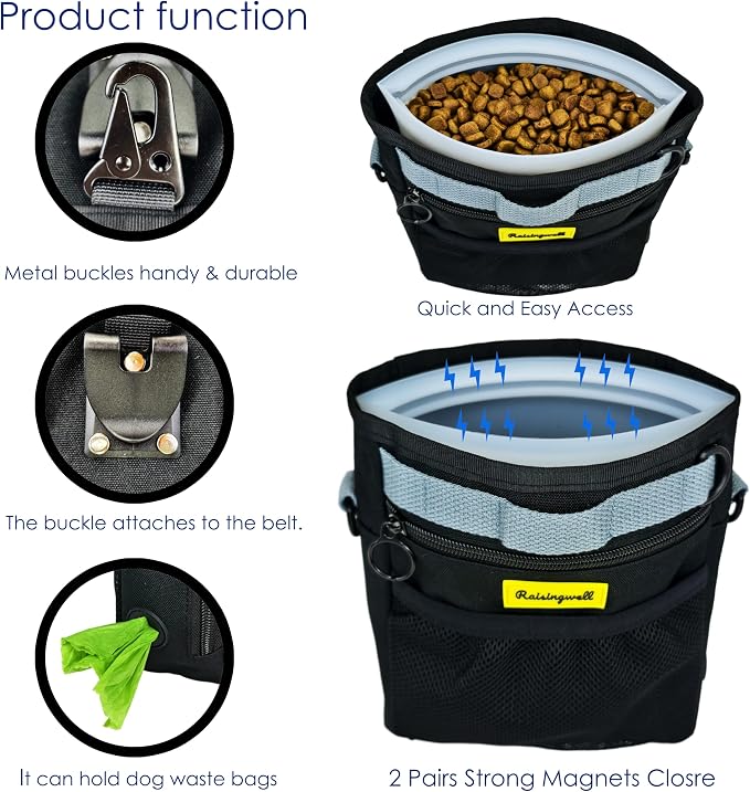 Raisingwell Dog Treat Pouch with Magnetic Closure 4-Cup Silicone Bag Fanny Pack Holder with Clicker 4 Ways to Wear Front Pocket Fits All Phones Ideal for Leash, Pet Walking and Training（Black）