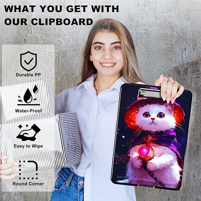 Purple White Cat A4 Clipboard with Storage Pen Holder, Clipboards Organizer Nursing Clipboard Foldable File Folder Plastic Clipboard Folio Clip Board for Office Students Classroom Doctor
