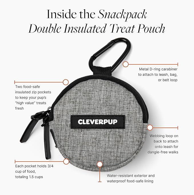Cleverpup Snackpack Double Insulated Dog Treat Pouch – 1.5 Cup Capacity, 2 BPA-Free Waterproof Zipper Pockets, Carabiner for Belt/Leash – Compact Training & Travel Bag – Heather Grey