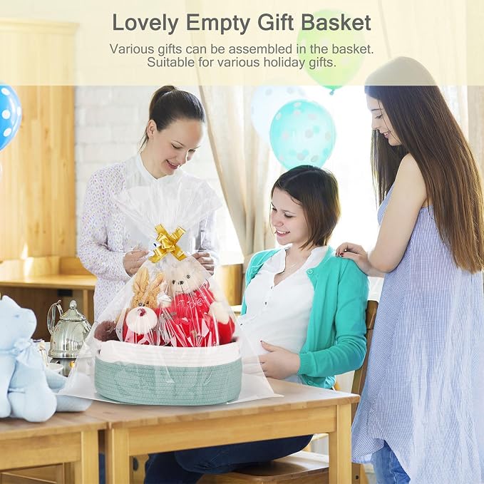 Small Woven Gift Basket with Bag & Ribbons, Light Green | Cotton Rope, 13”x 9”x 5.5”, Fits for Kids, Women & Men, Bedroom, Living Room, Nursery & Bathroom Storage, Cat & Dog Toy Boxes