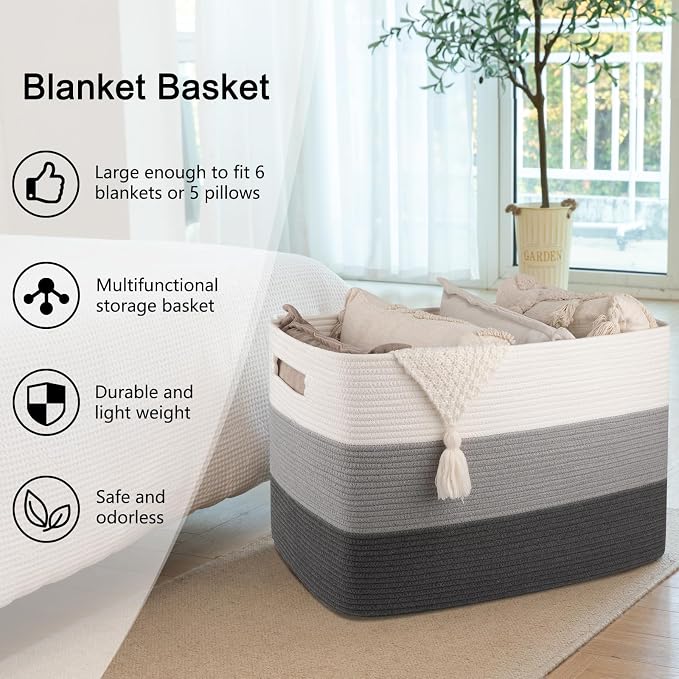 OIAHOMY 108L Extra Large Blanket Basket Dog Toy Basket radient Dark Grey | Rectangle Woven Baskets for Storage Cotton Rope Basket For Living Room Toy Storage Blanket Storage Laundry Basket