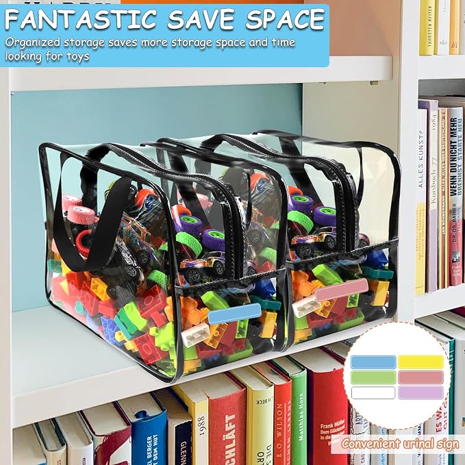 6 Pcs XL Toy Storage Bags Widen Waterproof Clear Toy Organizer with Labels | 12.6×9.25×6.9In Reusable PVC Transparent Organizer Bags with Zipper for Building Blocks, Puzzle, Board Games Travel Storage