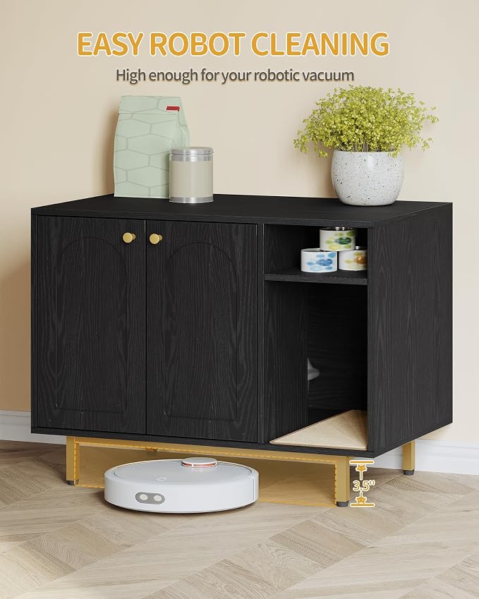 Hzuaneri Cat Litter Box Enclosure, Hidden Litter Box Furniture with Storage | Large Wooden Cabinet with Sisal Mat, Modern Cat Washroom for Living Room, Bedroom, Entryway, Black and Gold CB01504G