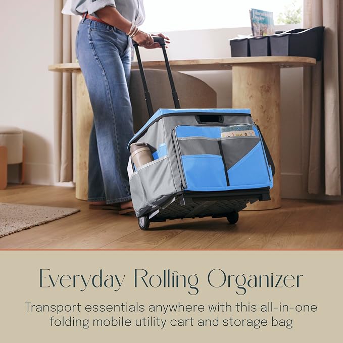 Folding Mobile Utility Cart, Canvas Organizer Bag, Blue/Grey | Durable plastic, 30 compartments, adjustable handle, 40 lb capacity, collapses to 3" thick, rolling wheels for easy transport
