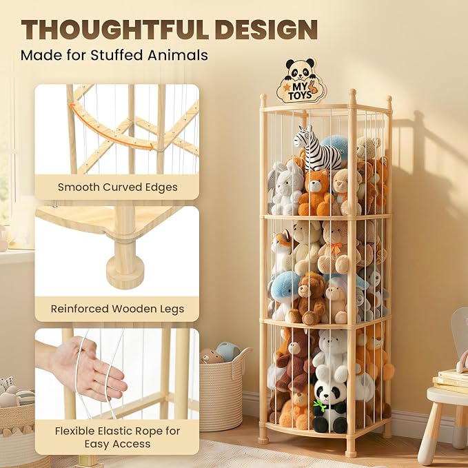 Stuffed Animal Storage Organizer, Wooden Toy Storage Organizer & Plush Storage Tower with Elastic Cords, Stuffed Animal Zoo for Kids Bedroom, Playroom & Nursery, Solid Pine, 15.7 x 15.7 x 53.5 In