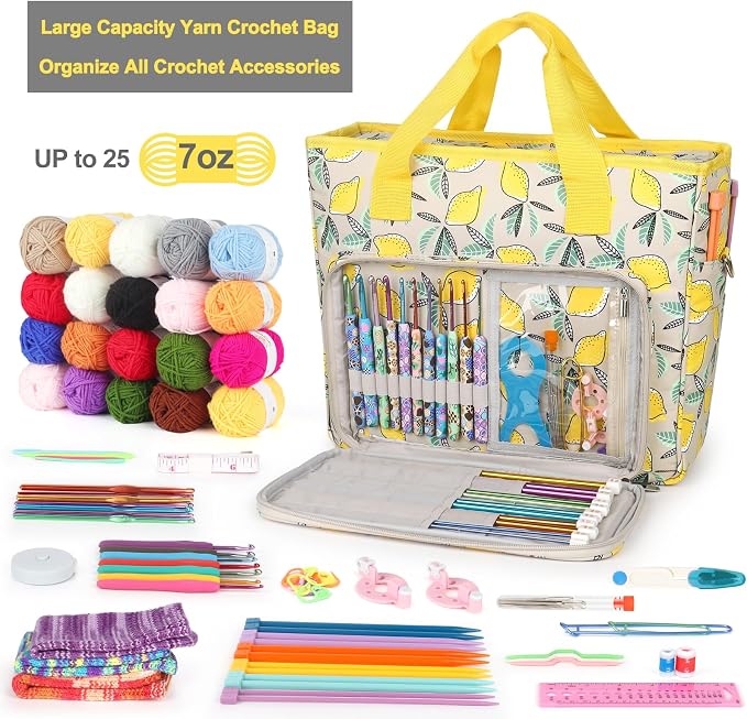 Katech Yarn Storage Bag Large Capacity Crochet Bag Organizer for Crocheter | Yarn Organizer Crochet Tote Bag for Carry Projects Crochet Supplies Knitting Accessories, Yarn Storage Bag w/ Shoulder Strap