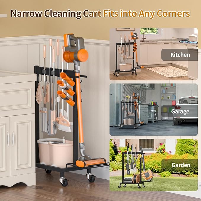 Broom Holder with Cleaning Supplies Organizer, 18" Wx11.8 Dx34.6 H | Load 160 LBS, Cleaning Cart with Wheels, 6 Mop Hanger Grippers, 3 Double-Hooks, Vacuum Stand for Laundry Garage Organization
