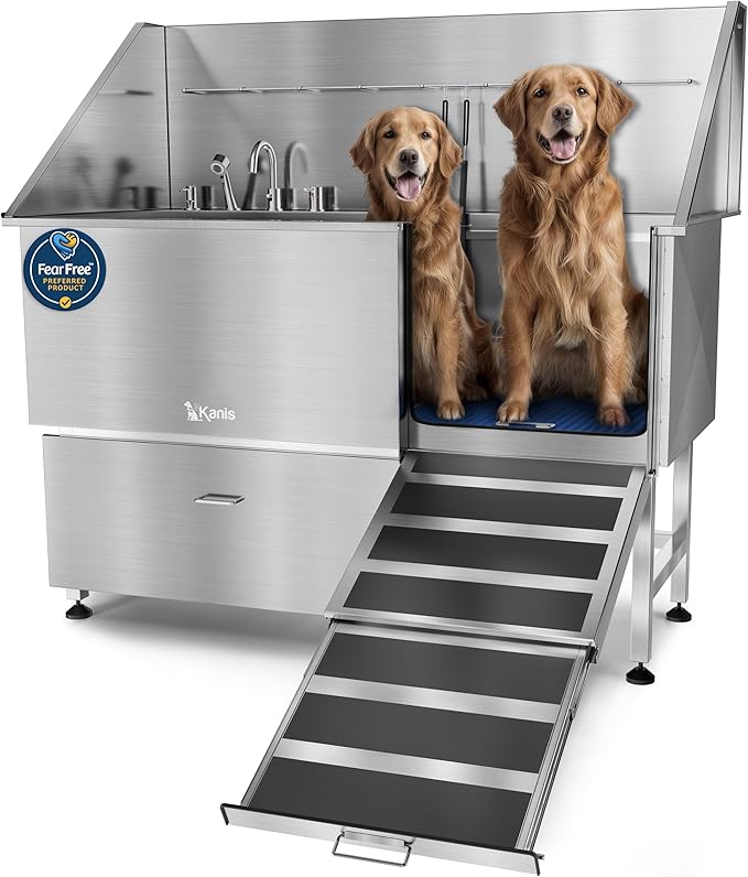 Professional Dog Washing Station 304 Stainless Steel Pet Wash Sink | Grooming Bathtub w/Shower, Floor Grates and Storage for Large, Medium & Small Pets (Silver, 61 Inches, Right Ramp, 1 Drawer)
