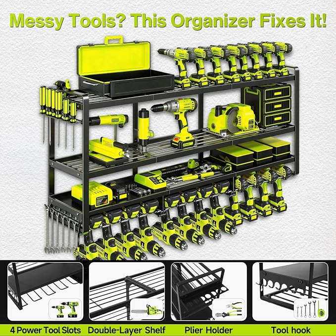 49" Heavy Duty Wall Mount Power Tool Organizer, 4-Tier Storage Rack with 12 Drill Holders & Battery Shelves, 600LBS Capacity for Garage Workshop