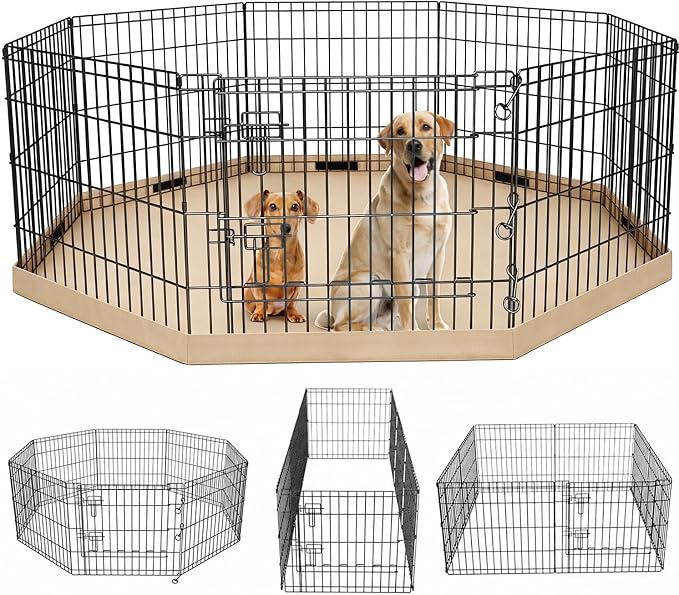 PETIME Foldable Metal Dog Exercise Pen/Pet Puppy Playpen Kennels Yard Fence Indoor/Outdoor 8 Panel 24" W x 24" H with Bottom Pad