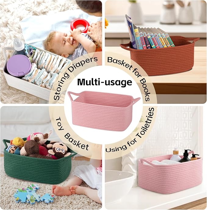 OIAHOMY Woven Basket, Gift Basket Empty with Gift Bags and Ribbons, Rope Baskets for Baby Showers, Storage Baskets with Handles for Nursery, Pet Toy Organizer - Pink