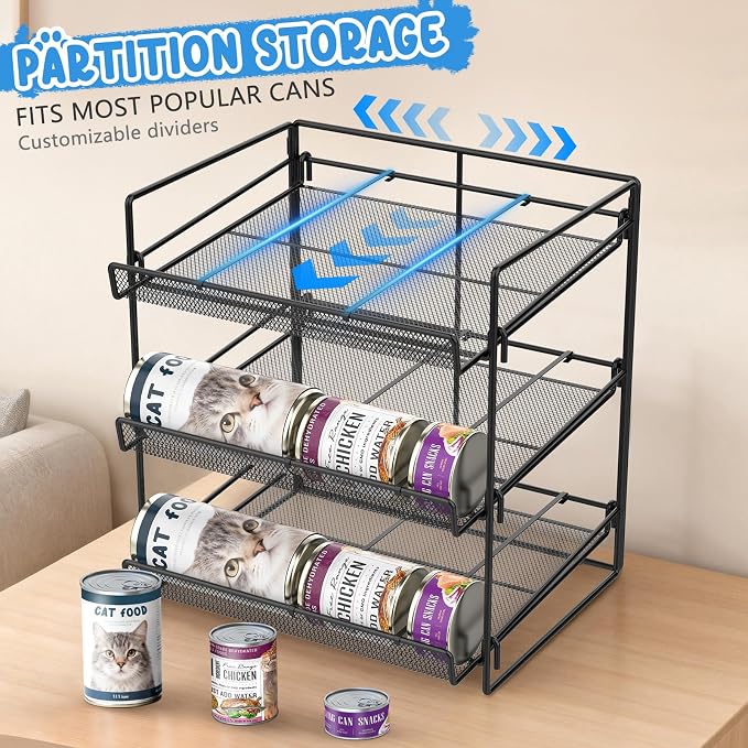 Cat Food Can Organizer 3-Tier Can Organizer for Pantry 84 Cans 3.5oz | Black metal 3-tier cat food can organizer,Holds 84 cans 3.5oz,Adjustable pantry countertop storage for kitchen cabinet
