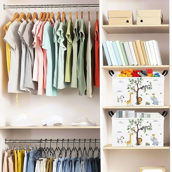 Rectangular Fabric Storage Bin, Foldable Tree Animals print Basket | Damp-proof canvas with reinforced stitched handles.Great for clothes,books & sundries in closets,playrooms,laundry rooms.