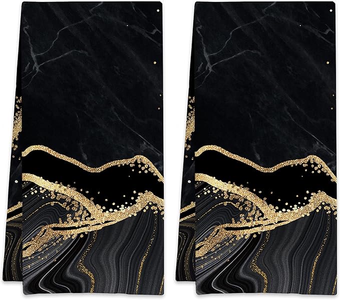 Gold Black Marble Hand Towels,Set of 2 Absorbent Bath Towel Kitchen Dish Towel Home Gym Hotel Bathroom Decor,16x24 Inches