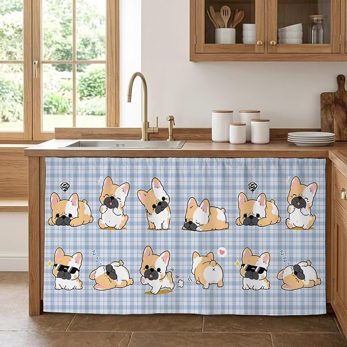 Cute Puppy Cabinet Curtains 28"x51" Sink Skirt for Bathroom Kitchen, Blue Purple Plaid Modern Funny Dogs Pet Self Stick Adhesive Under Desk Covers Tall Laundry Cabinet Storage Organizer