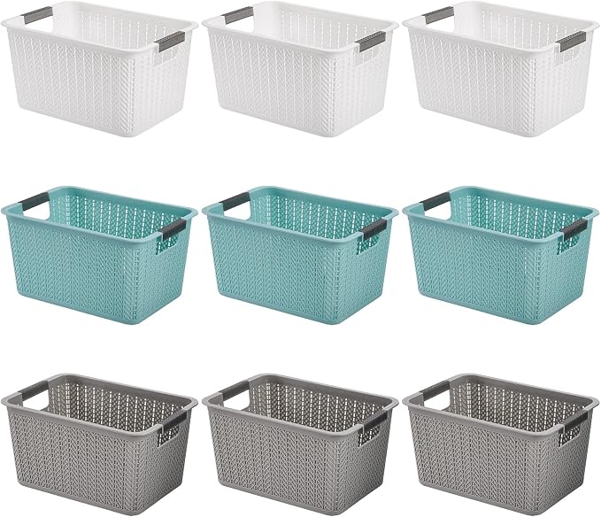 Lawei 9 Pack Plastic Storage Baskets, 10.5 x 7.1 x 5.5 Inch Weave Storage Bins with Handle, Plastic Shelf Organizer Basket for Home Cabinet, Pantry Storage Bins for Toys, Classroom, 3 Colors
