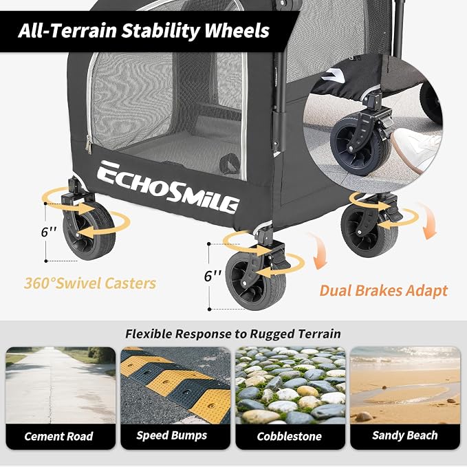 EchoSmile 4-Wheel Pet Stroller for Dogs & Cats, Up to 135 lbs, Black | Lightweight Carrier · Storage Basket Included · Adjustable Handle · Removable Pad