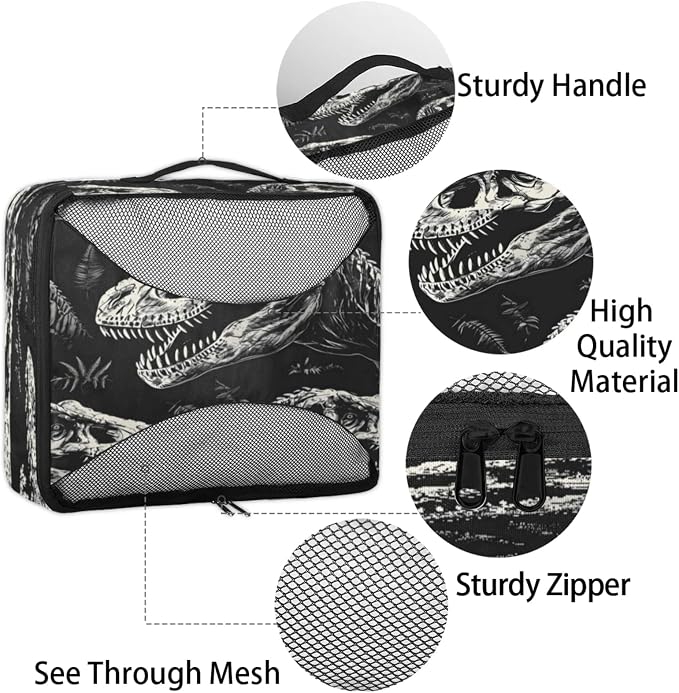 Dinosaur Skull Packing Cubes for Travel, Luggage Packing Organizers, Cool Dinosaur Travel Accessories Large Toiletries Bag for Clothes Shoes Cosmetics Toiletries