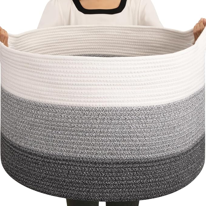 OIAHOMY 105L Extra Large Blanket Basket - Decorative Cotton Rope Storage Basket for Bedroom, Living Room & Nursery - Woven Laundry Hamper for Organizing Blankets, Clothes & Toys - Gradient Grey