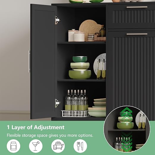 Double 13 Gallon Pull Out Trash Can Cabinet with Storage Cabinet,Black | Pet Proof Hidden Garbage Can Cabinet,3-Tier Shelves,Fluted Design,Extra Drawer Space,Kitchen & Dining Room Organization