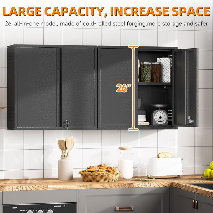 Garage Wall Cabinet with 2 Doors, Metal Wall Cabinet with Lock | 26''H Wall Mounted Cabinet, Lockable Floating Tool Cabinet, Steel Storage Cabinet for Kitchen,Office,Garage,Laundry,Warehouse
