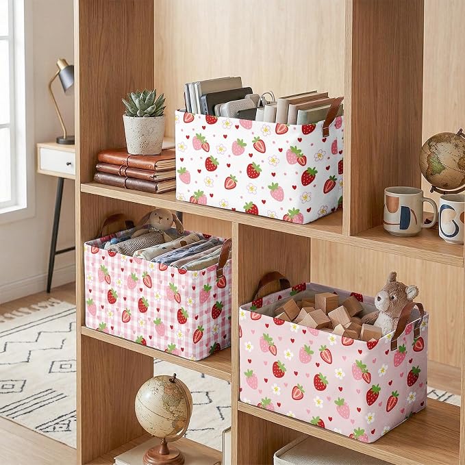 Britimes Strawberry Storage Baskets for Gifts, Toy Storage Bins Box, 3 Pcs | Cute Strawberry Canvas Collapsible Baskets Organizer with Handles Pink Nursery Decor Laundry Basket for Shelves Closet