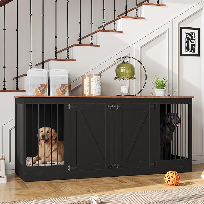 70.8" Large Dog Crate Furniture for 2 Dogs, Farmhouse Dog Crate TV Stand with Removable Divider, Heavy Duty Wooden Dog Kennel with Reinforced Steel Bars & 2 Lockable Doors