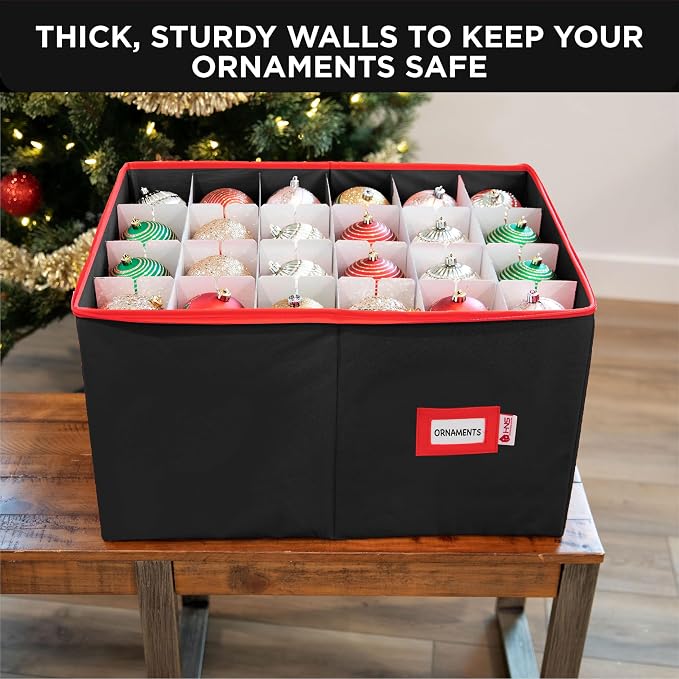 Christmas Ornament Storage Container with Dividers - Box Stores Up to 96 Ornaments, Zippered, Convenient, Adjustable, Large Organizer Bin to Protect Holiday Décor, Fits Most Standard Size, Black