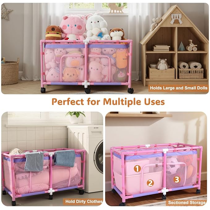 FIOBEE Toy Box for Girls Boys with See-Through Mesh & 360° Rotating Wheels | Kids Toy Chest Organizer, Stable Structure & Easy Install, Extra Large Storage Bin for Clothes, Ball, Pet Toys, Swimming Ring