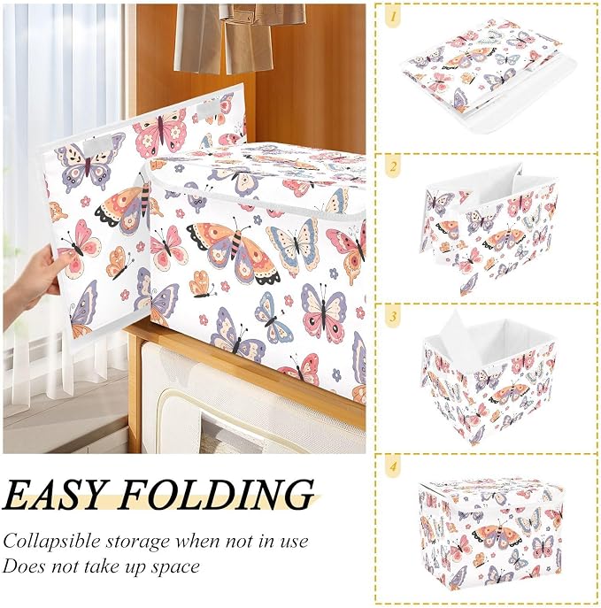 Butterfly Fabric Storage Bins with Lid Foldable Storage Boxes 40L Baskets | Decorative Storage Boxes, Dust-Proof Flip Top, Reinforced Handles, For Home & Bedroom, Clothes & Toy Box, Oxford Fabric Print