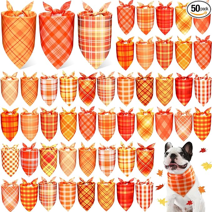 Abbylike 50 Pcs Fall Plaid Dog Bandanas Bulk, Autumn Gingham Pattern