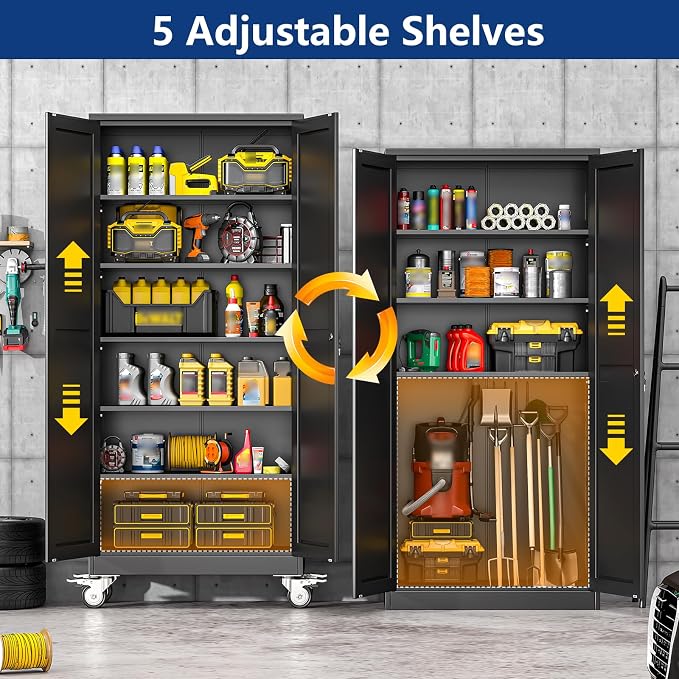 Ckzbx Metal Garage Storage Cabinet with Locking Doors and Adjustable Shelves,75" H Rolling Tool Storage with Wheels for Garage,Office (Black)